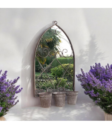 73CM RUSTY WALL MIRROR WITH TRIPLE PLANTER