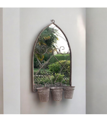 73CM RUSTY WALL MIRROR WITH TRIPLE PLANTER