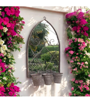 73CM RUSTY WALL MIRROR WITH TRIPLE PLANTER