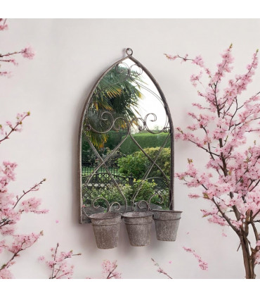 73CM RUSTY WALL MIRROR WITH TRIPLE PLANTER