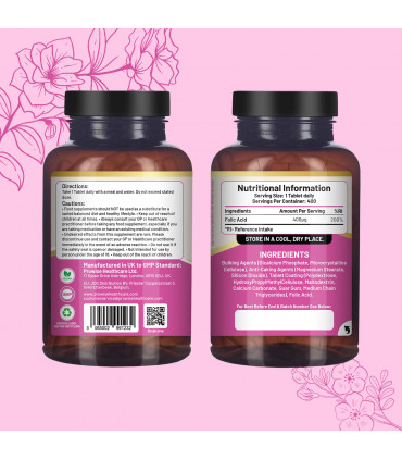 Folic Acid Tablets 400 mcg - 400 Vegan Vitamin B9 Tablets