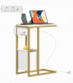 HOMCOM C Shaped Side Table, Faux Marble Bedside Table with Charging Station
