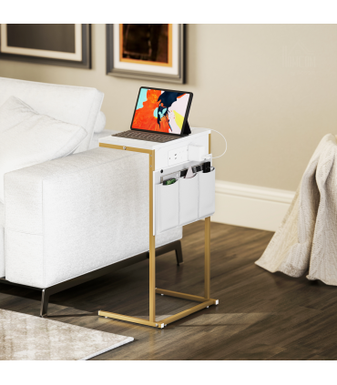 HOMCOM C-Shaped Side Table with Charging Station, Modern Bedside Table