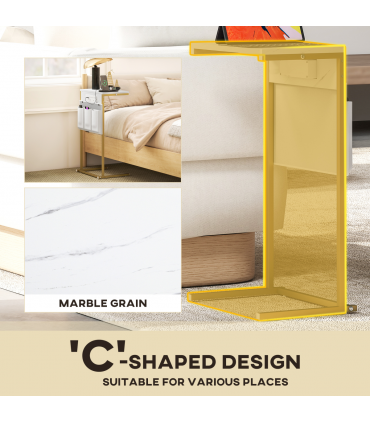 HOMCOM C-Shaped Side Table with Charging Station, Modern Bedside Table