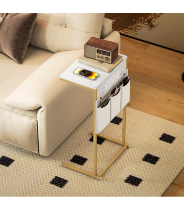 HOMCOM C-Shaped Side Table with Charging Station, Modern Bedside Table