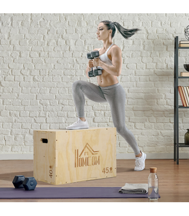 HOMCOM 3-in-1 Wooden Plyo Box for Home Gym, Workout Training, Natural
