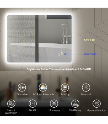 HOMCOM 600 x 800 mm Bluetooth Bathroom Mirror with LED Lights Wall Mounted