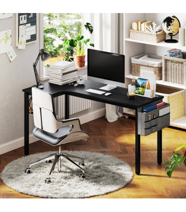 HOMCOM L-Shaped Corner Desk Computer with Fabric Bag and Hooks, Black