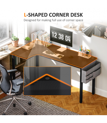 HOMCOM L-Shaped Corner Desk Computer with Fabric Bag and Hooks, Black