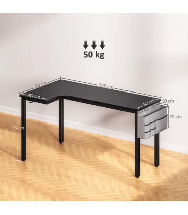 HOMCOM L-Shaped Corner Desk Computer with Fabric Bag and Hooks, Black