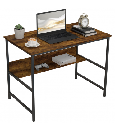 HOMCOM 2-Tier Writing Desk Metal Frame with Storage Shelf Rustic Brown