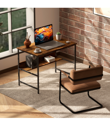 HOMCOM 2-Tier Writing Desk Metal Frame with Storage Shelf Rustic Brown