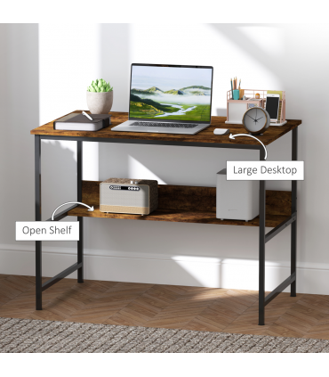 HOMCOM 2-Tier Writing Desk Metal Frame with Storage Shelf Rustic Brown