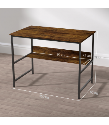 HOMCOM 2-Tier Writing Desk Metal Frame with Storage Shelf Rustic Brown