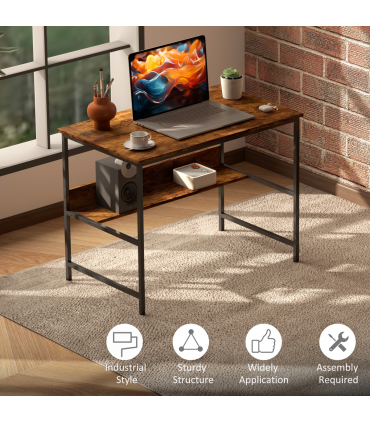 HOMCOM 2-Tier Writing Desk Metal Frame with Storage Shelf Rustic Brown