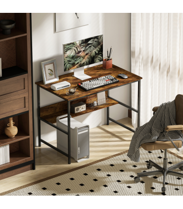 HOMCOM 2-Tier Writing Desk Metal Frame with Storage Shelf Rustic Brown