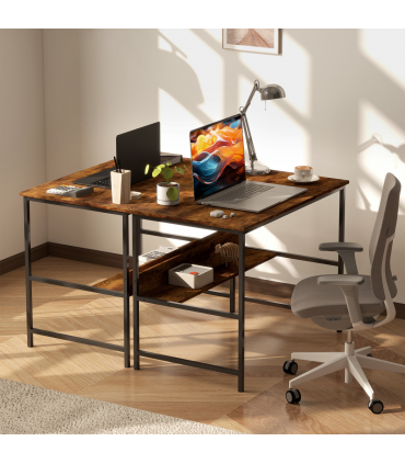 HOMCOM 2-Tier Writing Desk Metal Frame with Storage Shelf Rustic Brown