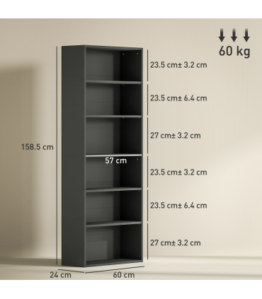 HOMCOM 6 Tier Bookshelf, Freestanding Bookcase with Adjustable Shelves, Black