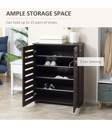 HOMCOM Shoe Storage Cabinet with Slatted Doors for 15 Pairs of Shoes Brown