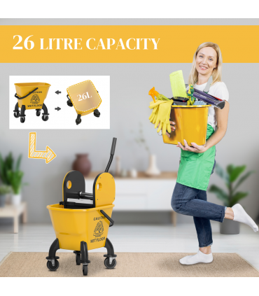 HOMCOM Mop Bucket with Wringer on Wheels for Floor Cleaning 26 Litre Yellow