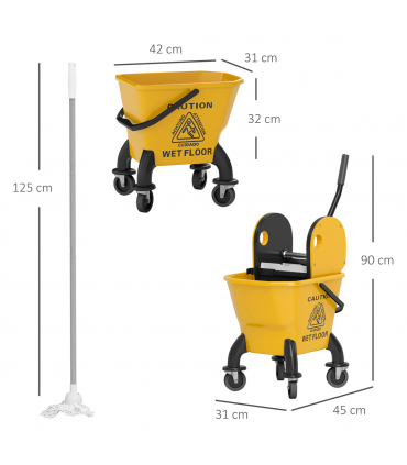 HOMCOM Mop Bucket with Wringer on Wheels for Floor Cleaning 26 Litre Yellow