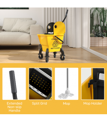 HOMCOM Mop Bucket with Wringer on Wheels for Floor Cleaning 26 Litre Yellow