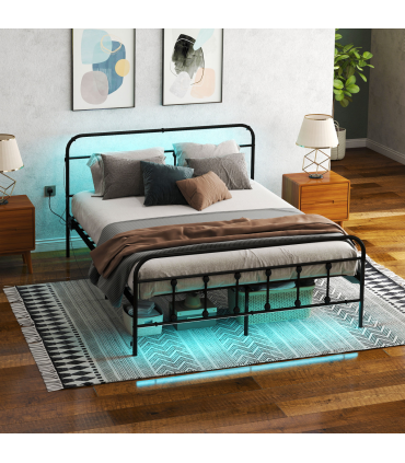 HOMCOM King Bed Frame with LED Lights and Charging Station, Black