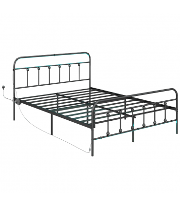 HOMCOM King Bed Frame with LED Lights and Charging Station, Black