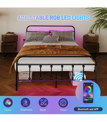 HOMCOM King Bed Frame with LED Lights and Charging Station, Black