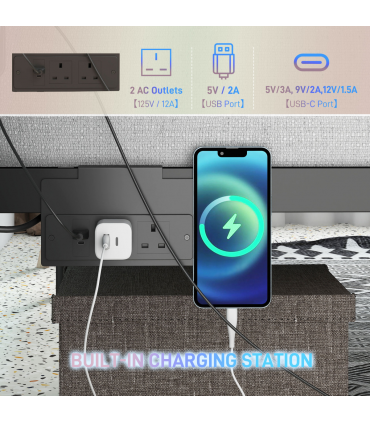 HOMCOM King Bed Frame with LED Lights and Charging Station, Black