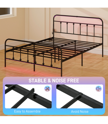 HOMCOM King Bed Frame with LED Lights and Charging Station, Black