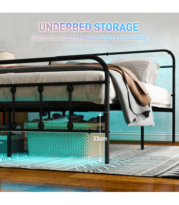 HOMCOM King Bed Frame with LED Lights and Charging Station, Black