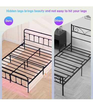 HOMCOM King Bed Frame with LED Lights and Charging Station, Black