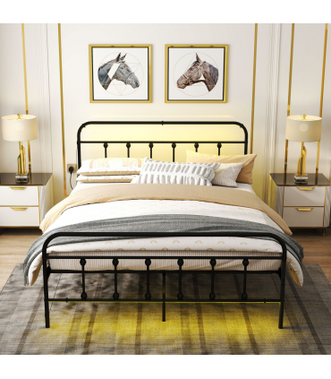 HOMCOM King Bed Frame with LED Lights and Charging Station, Black