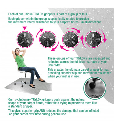 Cleartex TrYlok Rectangular Lipped PVC Chair  Mat for Low Pile Carpets up to 6mm - 120 x 90cm