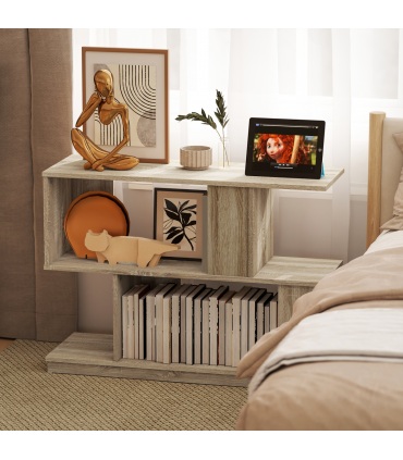 HOMCOM Modern Narrow End Table, S-Shaped Nightstand, Natural Wood Finish