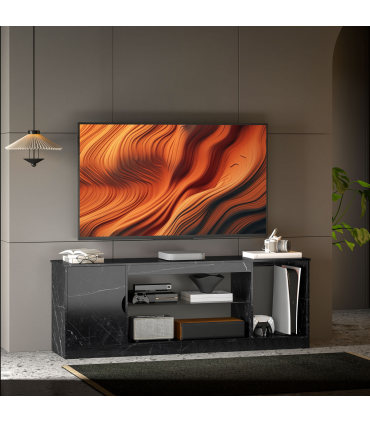 HOMCOM Marble Effect TV Stand Cabinet with Glass Shelf for 55 Inch TVs