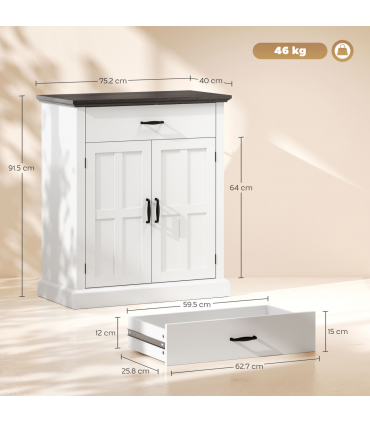 HOMCOM Sideboard Storage Cabinet with Thick Tabletop and 2 Barn Doors White