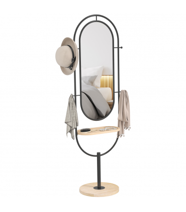 HOMCOM Full Length Mirror, Free Standing Mirror with Tray and Hooks, Black