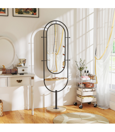 HOMCOM Full Length Mirror, Free Standing Mirror with Tray and Hooks, Black