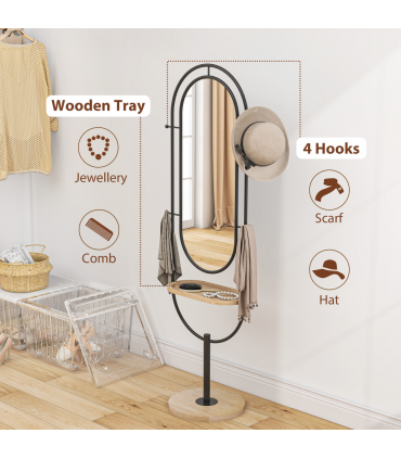 HOMCOM Full Length Mirror, Free Standing Mirror with Tray and Hooks, Black