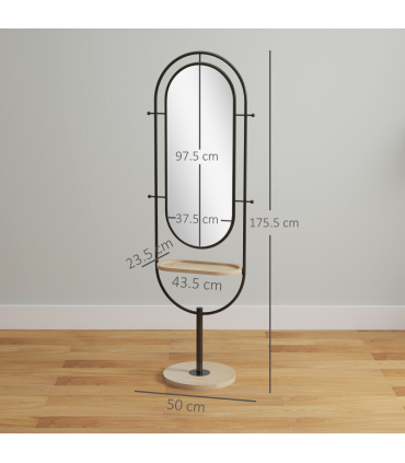 HOMCOM Full Length Mirror, Free Standing Mirror with Tray and Hooks, Black