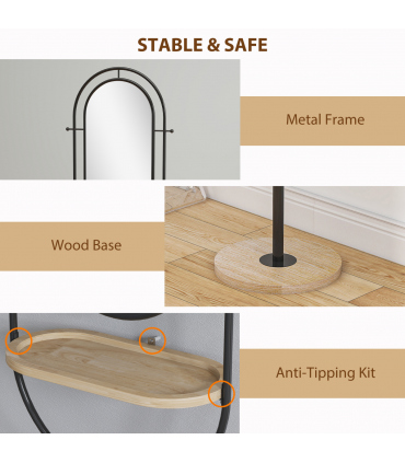 HOMCOM Full Length Mirror, Free Standing Mirror with Tray and Hooks, Black