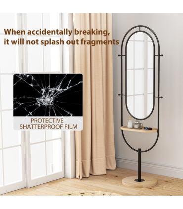 HOMCOM Full Length Mirror, Free Standing Mirror with Tray and Hooks, Black
