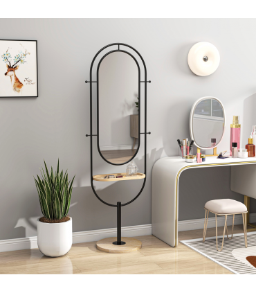HOMCOM Full Length Mirror, Free Standing Mirror with Tray and Hooks, Black