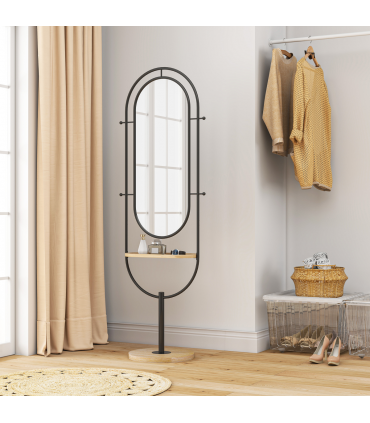 HOMCOM Full Length Mirror, Free Standing Mirror with Tray and Hooks, Black