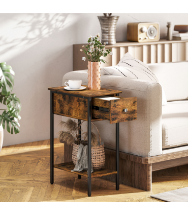 HOMCOM Industrial Slim End Table Nightstand for Small Spaces Rustic Brown