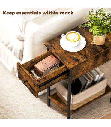 HOMCOM Industrial Slim End Table Nightstand for Small Spaces Rustic Brown