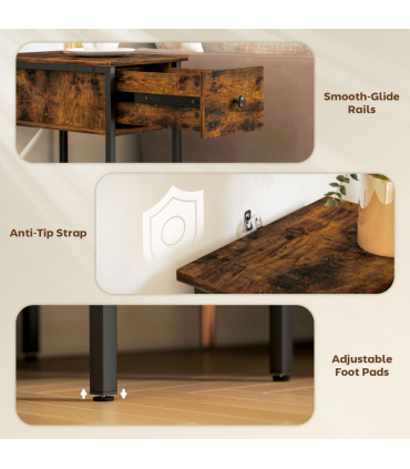 HOMCOM Industrial Slim End Table Nightstand for Small Spaces Rustic Brown