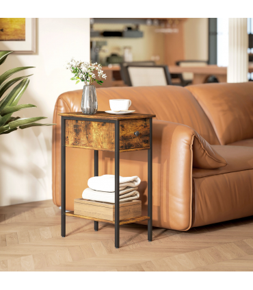 HOMCOM Industrial Slim End Table Nightstand for Small Spaces Rustic Brown